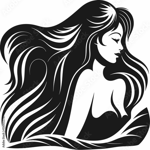 Beautiful young woman with long, flowing hair, an elegant silhouette, and a glamorous illustration style