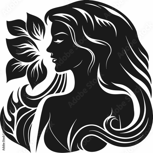 Beautiful young woman with long, flowing hair, an elegant silhouette, and a glamorous illustration style