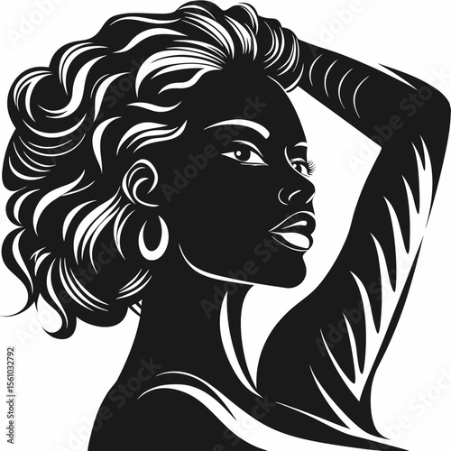 Beautiful young woman with long, flowing hair, an elegant silhouette, and a glamorous illustration style