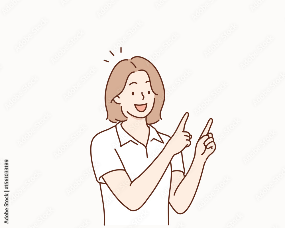 Woman Pointing with Her Finger. Hand drawn style vector design illustrations.