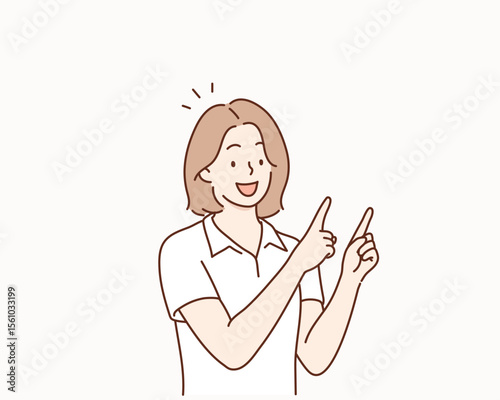 Woman Pointing with Her Finger. Hand drawn style vector design illustrations.