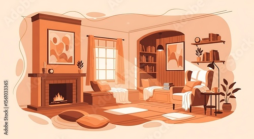 Cozy Orange Living Room Interior with Fireplace and Bookshelves in Flat Vector Illustration
