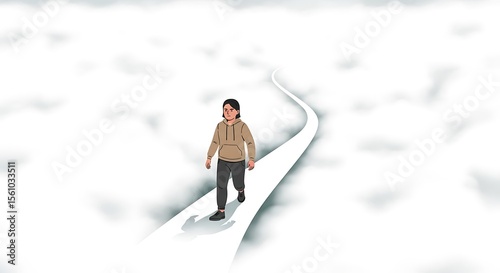 Walking Woman on Cloud Path in White Sky Journey and Determination