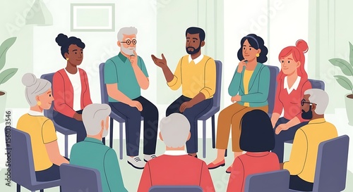 Diverse Group Sitting in Circle Having Discussion in Bright Room