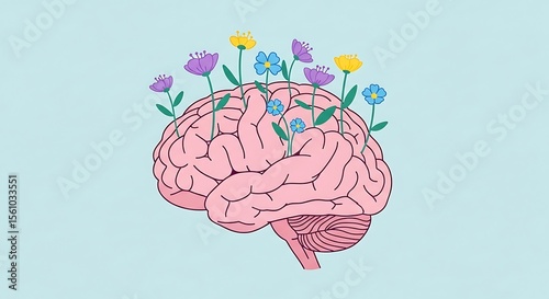 Human Brain with Colorful Flowers Growing Illustration on Light Blue