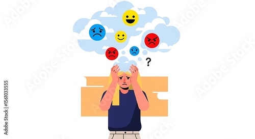 Stressed Woman with Colorful Emotional Faces in Flat Illustration