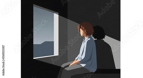 Pensive Woman Sitting Looking Out Window in Dark Room with Light Beam