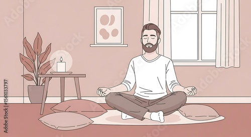 Bearded Man Meditating Cross Legged in Earth Tone Room with Candle