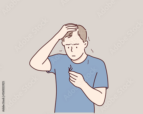 Man Looking in Mirror Worried About Hair Loss. Hand drawn style vector design illustrations.
