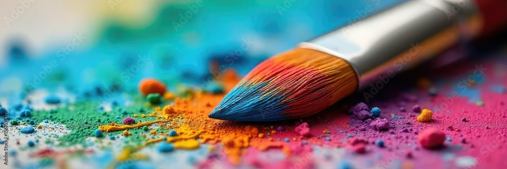 Fototapeta premium Close-up view of a paintbrush with vibrant multicolored paint on its bristles, ready for artistic expression The colors are rich and saturated, suggesting creativity and potential , object, texture