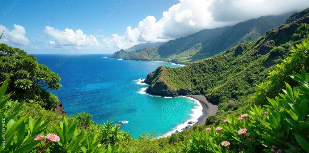 Fototapeta premium Lush green Hawaiian landscape, vibrant flora, volcanic rock formations, dramatic ocean views Perfect for travel, nature, and tourism brochures , islands, waves, lush