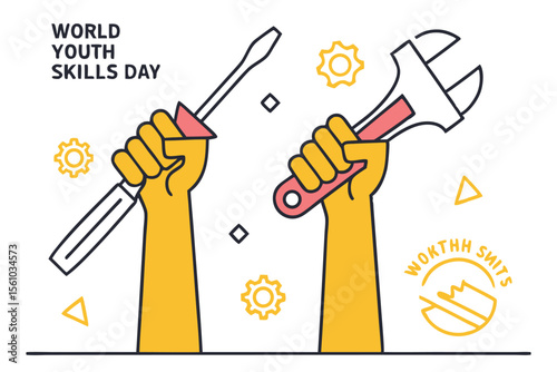 Yellow hands holding tools illustration for World Youth Skills Day