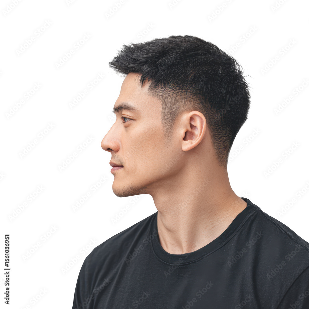 Obraz premium A profile portrait of a young man with short hair. wearing a black t-shirt. set against a clean white background. conveying a sense of calm and confidence. suitable for personal branding or lifestyle