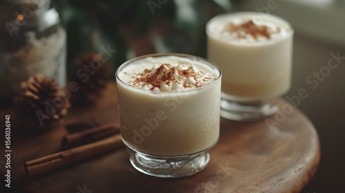 Two glasses of creamy, spiced eggnog are presented on a wooden surface, garnished with cinnamon and nutmeg, creating a festive winter scene.