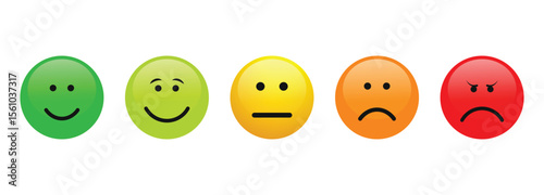 A vibrant 3D emoji set featuring rating and feedback emoticons in various glossy colors. Includes expressions for excellent, good, neutral, bad, and very bad. Ideal flat-style icons for user ratings, 