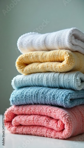 Neatly folded laundry, soft textures, freshly laundered clothes stacked high, ready for storage A calming image of domestic organization , order, home, pastel