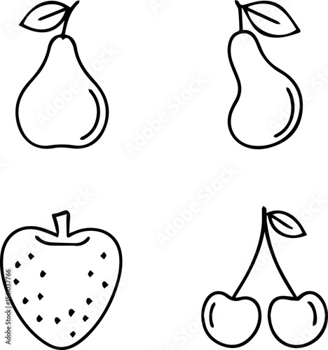 Pear, Strawberry, Cherry Outline Set, Organic Produce Illustrations