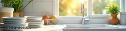 A neatly organized kitchen counter displays sparkling clean dishes, a pristine sink, and a spotless countertop Sunlight streams in, highlighting the cleanliness and order , neat, hygiene