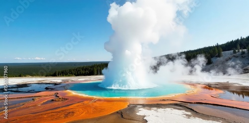 A majestic geyser erupts in Yellowstone National Park, sending a plume of steam and water high into the air against a backdrop of pristine wilderness , Yellowstone National Park, travel