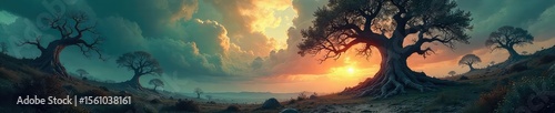 Twisted, gnarled trees claw at a stormy sky, their branches like angry fists, leaves a whirlwind of furious color A brooding, desolate landscape of raw, untamed nature , wild, anger
