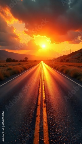A sun-baked asphalt road stretches endlessly under a blazing summer sky, heat radiating upwards, conveying a feeling of simmering, frustrated anger and oppressive heat , stress, empty