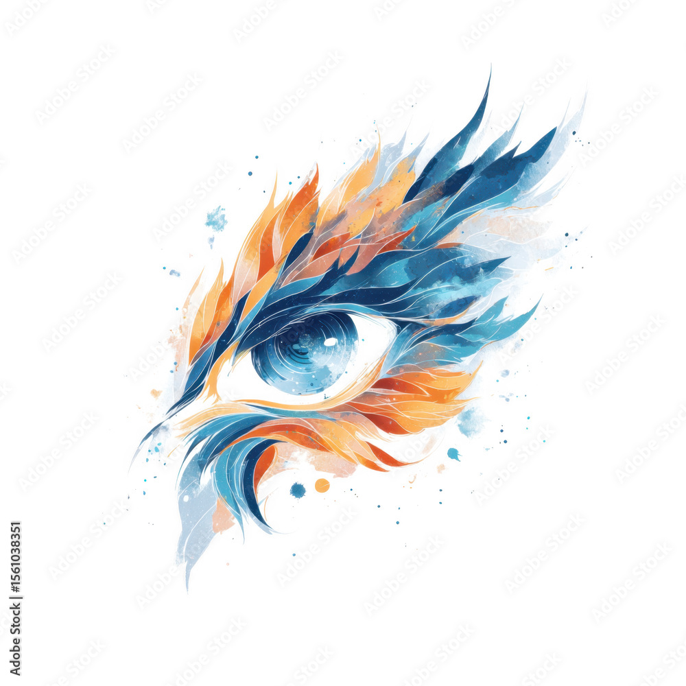 Obraz premium A vibrant and artistic representation of an eye surrounded by colorful feathers in shades of blue and orange. symbolizing creativity and vision. ideal for artistic and inspirational themes