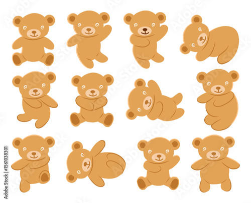 collection of adorable teddy bear illustrations in multiple poses including flying, lying down, walking, waving, and sitting. Perfect for nursery designs, baby shower invitations, and kids product.