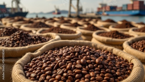 Coffee beans in burlap sacks at a port.