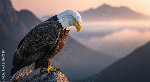 Majestic bald eagle perched on a rock overlooking a hazy mountain range at sunrise, its gaze directed downward.  The soft light casts a warm glow on the scene