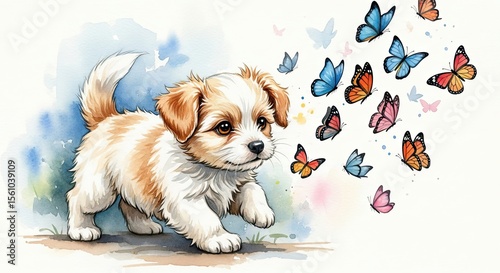 A charming watercolor painting of a fluffy, tan-and-white puppy playfully chasing a flock of colorful butterflies against a soft blue-and-white background