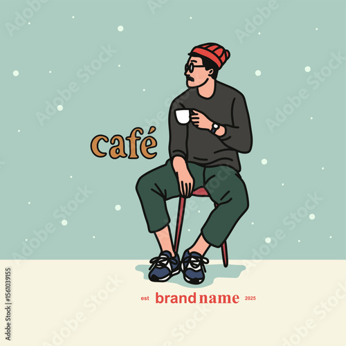 People enjoying coffee. Man holding takeaway mugs. Americano, cappuccino. Logo illustration