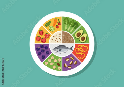 Balanced Plate with Fish Berries Vegetables Nuts and Grains Illustration.