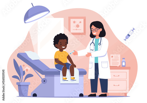 Cartoon AfricanAmerican Boy Receiving Vaccination from Doctor in Clinic.