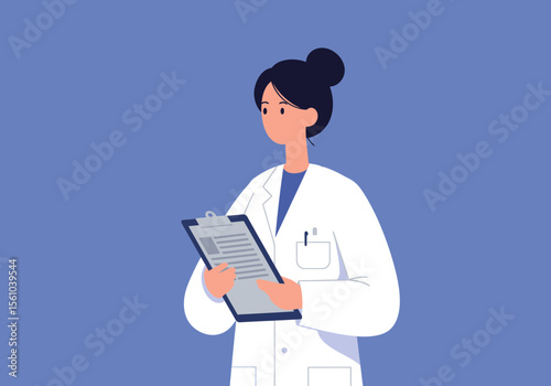 Cartoon Doctor Holding Clipboard with Medical Information in White Coat.