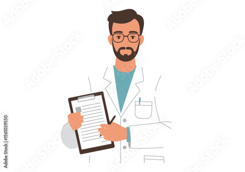 Cartoon Doctor Holding Clipboard with Pen Wearing Glasses and White Coat.