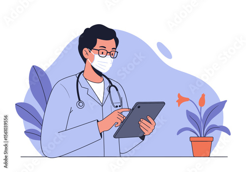 Cartoon Doctor in Mask Using Tablet for Medical Consultation.