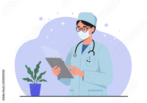Cartoon Doctor in Mask Using Tablet with Stethoscope and Light Blue Uniform.
