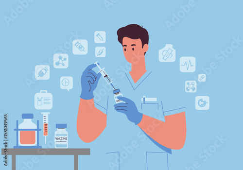 Cartoon Doctor Preparing Vaccine Dose with Syringe and Vial.