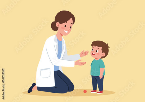 Cartoon doctor in white coat interacting with a cute little boy.