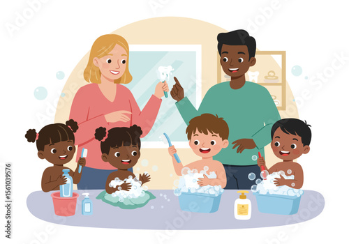 Cartoon Family with Children Bathing and Brushing Teeth Vector Illustration.
