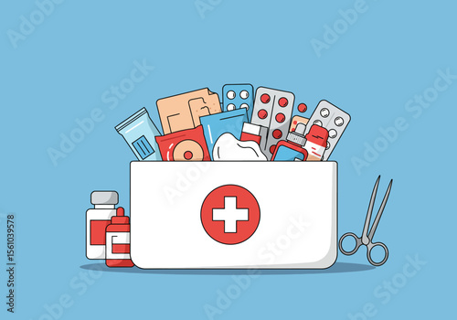 Cartoon First Aid Kit with Medicines Bandages and Scissors Illustration.