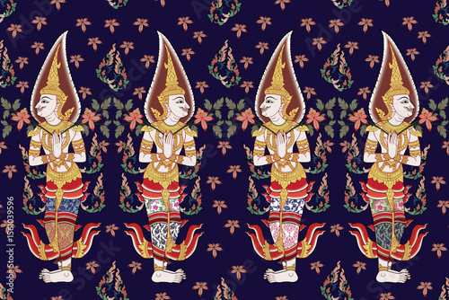 Traditional Thai art doorkeeper pattern in damask style motifs suitable for wallpaper, textile, fashion and fabric design isolated over dark blue background archive illustration vector EPS file.