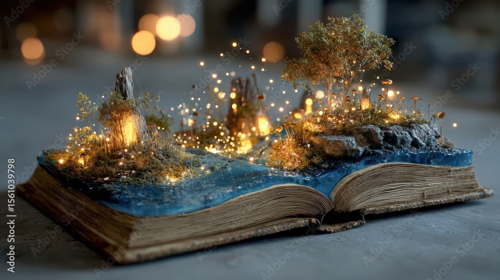 Fototapeta premium Enchanted Book with Miniature Landscape and Sparkling Lights