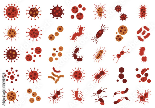 Collection of Flat Vector Viruses and Bacteria in Red and Brown Tones.