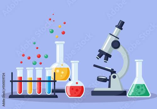Colorful Science Lab Equipment Test Tubes Flasks and Microscope Illustration.