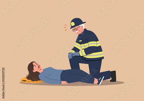 Concerned Firefighter Kneeling Beside Injured Woman with Bloodied Face.