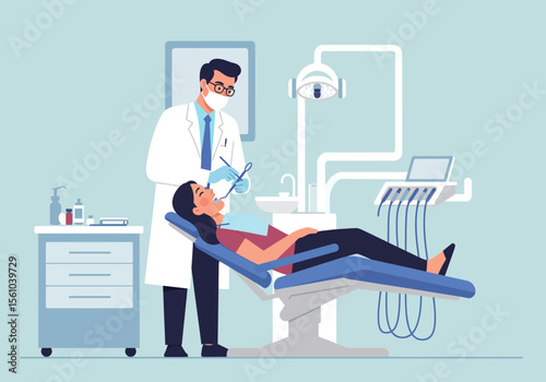Dentist examining a patient in a dental chair with tools and equipment.