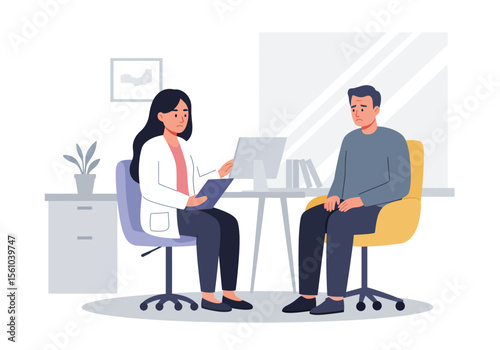 Depressed Man in Therapy Session with Doctor Holding Clipboard.