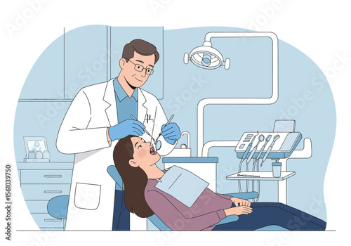 Dentist examining patients teeth with mirror and probe in clinic.