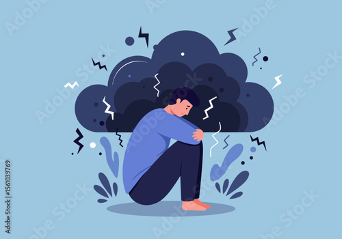 Depressed Man Sitting Under Dark Cloud with Lightning Bolts Illustration.